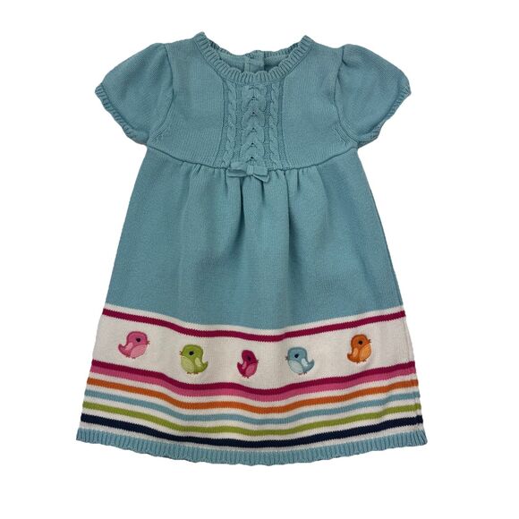 Gymboree Girls 4T Knit Sweater Dress Blue Birds Rainbow Stripe 100% Cotton - Picture 1 of 9